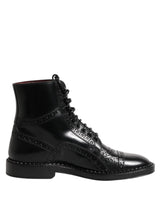 Dolce & Gabbana Black Leather Lace Up Mid Calf Boots Shoes - Boots