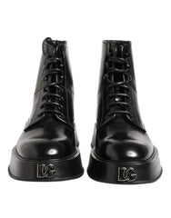 Dolce & Gabbana Black Leather Logo Ankle Boots Lace Up Shoes - EU43/US10