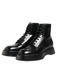Dolce & Gabbana Black Leather Logo Ankle Boots Lace Up Shoes - EU43/US10