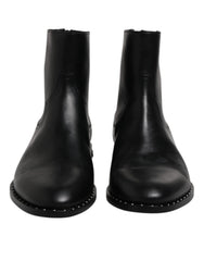 Dolce & Gabbana Black Leather Logo Ankle Boots Studded Shoes - EU44/US11