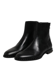 Dolce & Gabbana Black Leather Logo Ankle Boots Studded Shoes - EU44/US11