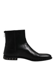 Dolce & Gabbana Black Leather Logo Ankle Boots Studded Shoes - EU44/US11 - Boots