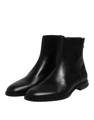 Dolce & Gabbana Black Leather Logo Ankle Boots Studded Shoes - EU44/US11 - Boots