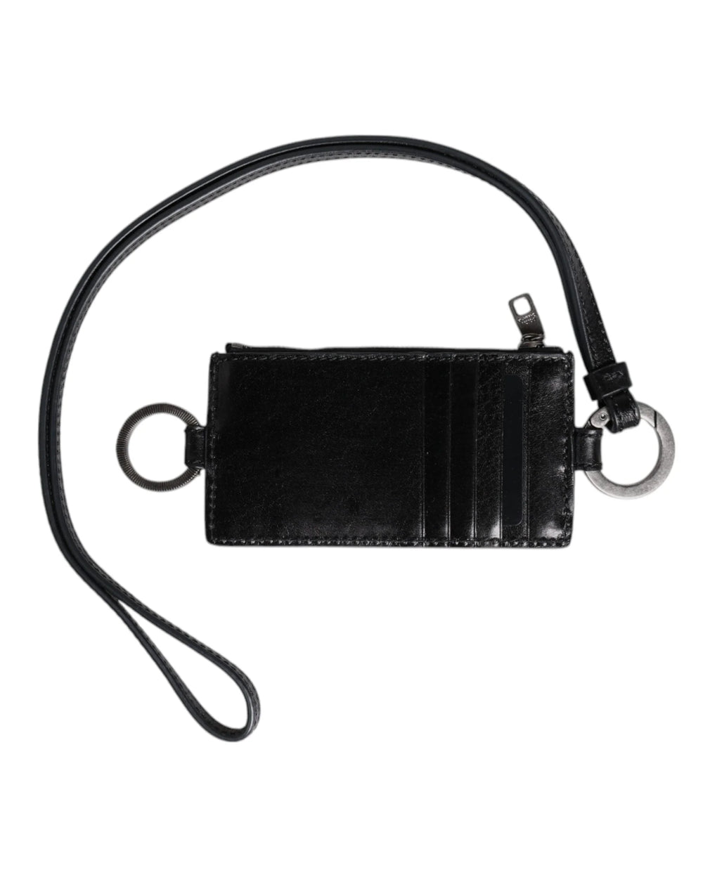 Dolce & Gabbana Black Leather Logo Embossed Lanyard Card Holder Wallet - Neck Pouches