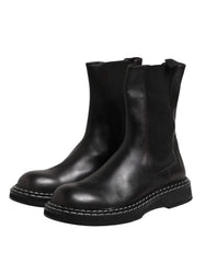 Dolce & Gabbana Black Leather Mid Calf Boots Flats Shoes - EU44/US11