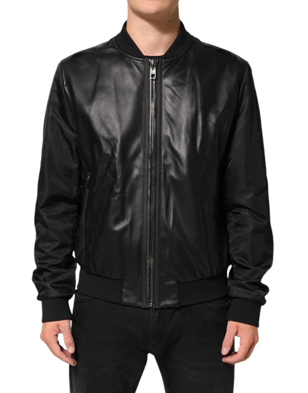 Dolce & Gabbana Black Leather Nylon FullZip Blouson Jacket - IT56 | XXL - Bomber Jackets