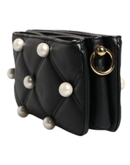 Dolce & Gabbana Black Leather Pearl Embellished Logo Shoulder Bag - Shoulder Bags