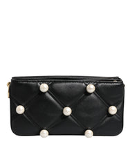 Dolce & Gabbana Black Leather Pearl Embellished Logo Shoulder Bag - Shoulder Bags