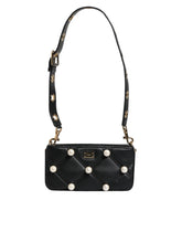 Dolce & Gabbana Black Leather Pearl Embellished Logo Shoulder Bag - Shoulder Bags