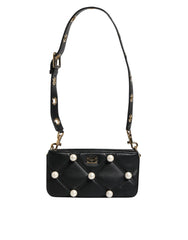 Dolce & Gabbana Black Leather Pearl Embellished Logo Shoulder Bag - Shoulder Bags