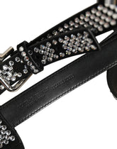Dolce & Gabbana Black Leather Rhinestones Embellished Men Suspender - One Size
