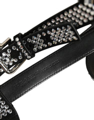 Dolce & Gabbana Black Leather Rhinestones Embellished Men Suspender - One Size