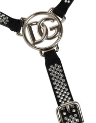 Dolce & Gabbana Black Leather Rhinestones Embellished Men Suspender - One Size