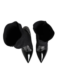 Dolce & Gabbana Black Leather Ribbed Knit Knee Boots Shoes - Boots