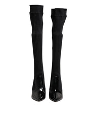 Dolce & Gabbana Black Leather Ribbed Knit Knee Boots Shoes - Boots