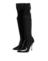 Dolce & Gabbana Black Leather Ribbed Knit Knee Boots Shoes - Boots