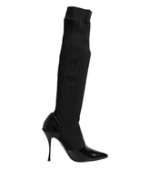 Dolce & Gabbana Black Leather Ribbed Knit Knee Boots Shoes - Boots
