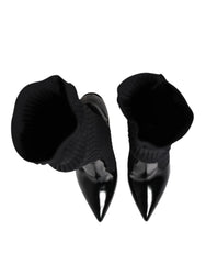 Dolce & Gabbana Black Leather Ribbed Knit Knee Boots Shoes - EU38/US7.5