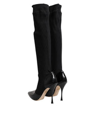 Dolce & Gabbana Black Leather Ribbed Knit Knee Boots Shoes - EU38/US7.5