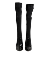 Dolce & Gabbana Black Leather Ribbed Knit Knee Boots Shoes - EU38/US7.5