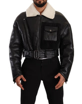 Dolce & Gabbana Black Leather Shearling Biker Coat Jacket - IT48 | M - Coats & Jackets