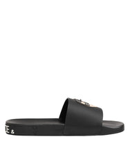 Dolce & Gabbana Black Leather Slides Sandals Beachwear Shoes
