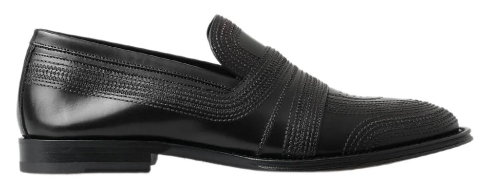 Dolce & Gabbana Black Leather Slipper Loafers Stitched Shoes - Flats