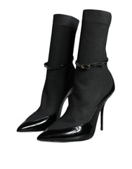 Dolce & Gabbana Black Leather Stilettos Booties Socks Shoes - EU39/US8.5