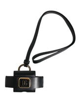 Dolce & Gabbana Black Leather Strap Gold Metal Logo Plaque Airpods Case - Headphone Carrying Cases