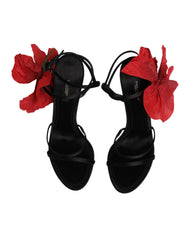 Dolce & Gabbana Black Leather Strappy Flower Heels Sandals Shoes - EU39/US8.5