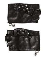 Dolce & Gabbana Black Leather Studded Fingerless Hand Mitten Men Gloves - Gloves & Mittens