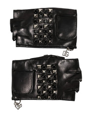 Dolce & Gabbana Black Leather Studded Fingerless Hand Mitten Men Gloves - Gloves & Mittens