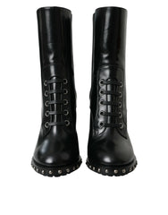 Dolce & Gabbana Black Leather Studded Lace Up Boots Shoes - EU36/US5.5 - Boots