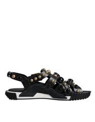 Dolce & Gabbana Black Leather Studded Slides Sandals Shoes - Sandals