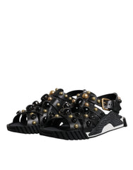 Dolce & Gabbana Black Leather Studded Slides Sandals Shoes - Sandals