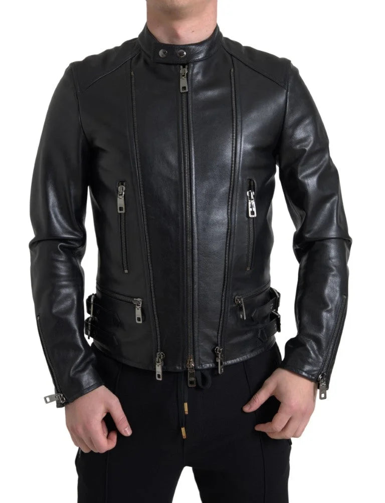 Dolce & Gabbana Black Leather Zipper Coat Men Jacket - IT48 | M - Coats & Jackets