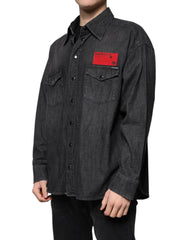 Dolce & Gabbana Black Logo Cotton Button Down Denim Shirt - Shirts