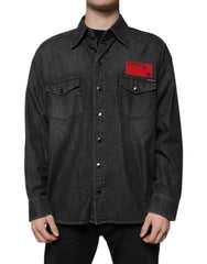 Dolce & Gabbana Black Logo Cotton Button Down Denim Shirt - Shirts