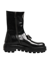Dolce & Gabbana Black Logo Plaque Mid Calf Biker Boots Shoes - EU44/US11 - Boots