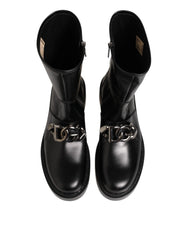 Dolce & Gabbana Black Logo Plaque Mid Calf Biker Boots Shoes - EU44/US11