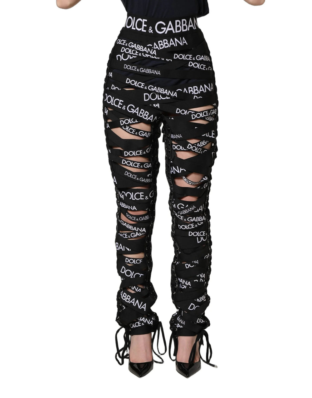 Dolce & Gabbana Black Logo Tape Cut Out Skinny High Waist Pants - IT40|S