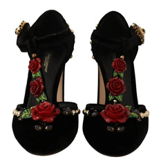 Dolce & Gabbana Black Mary Jane Pumps Roses Crystals Shoes - EU35.5/US5 - Heels