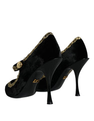 Dolce & Gabbana Čierne Mary Janes lodičky zo zamatu so zlatými prvkami - EU36/US6