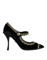 Dolce & Gabbana Black Mary Janes Velvet Gold Pumps Shoes - Heels