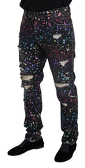 Dolce & Gabbana Black Multicolor Print Tattered Denim Jeans - IT50 | L - Jeans