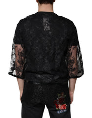Dolce & Gabbana Black Nylon Floral Lace Crew Neck T-shirt - IT50 | L - T-Shirts