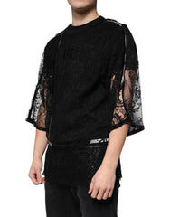 Dolce & Gabbana Black Nylon Floral Lace Crew Neck T-shirt - IT50 | L - T-Shirts