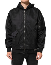 Dolce & Gabbana Black Nylon Hooded Full Zip Bomber Men Jacket - IT46 | S - Bomber Jackets