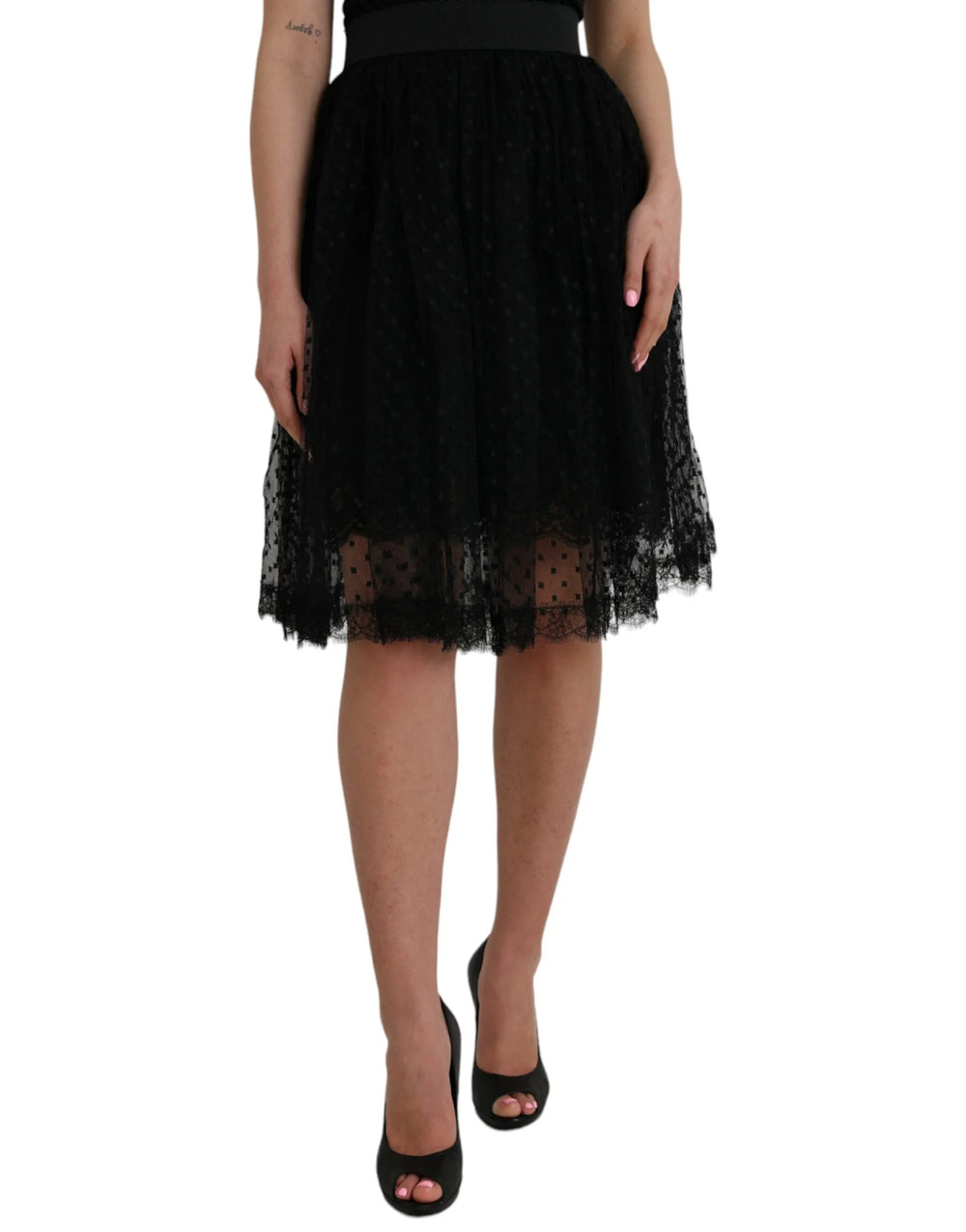 Dolce & Gabbana Black Nylon Lace Trim High Waist A-line Skirt - Skirts
