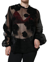 Dolce & Gabbana Black Nylon Mesh Transparent Floral Blouse - IT46|XL - Blouses